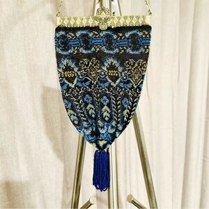 Vintage Blue and Black Beaded handbag with Tassel. With gold metallic clasp.